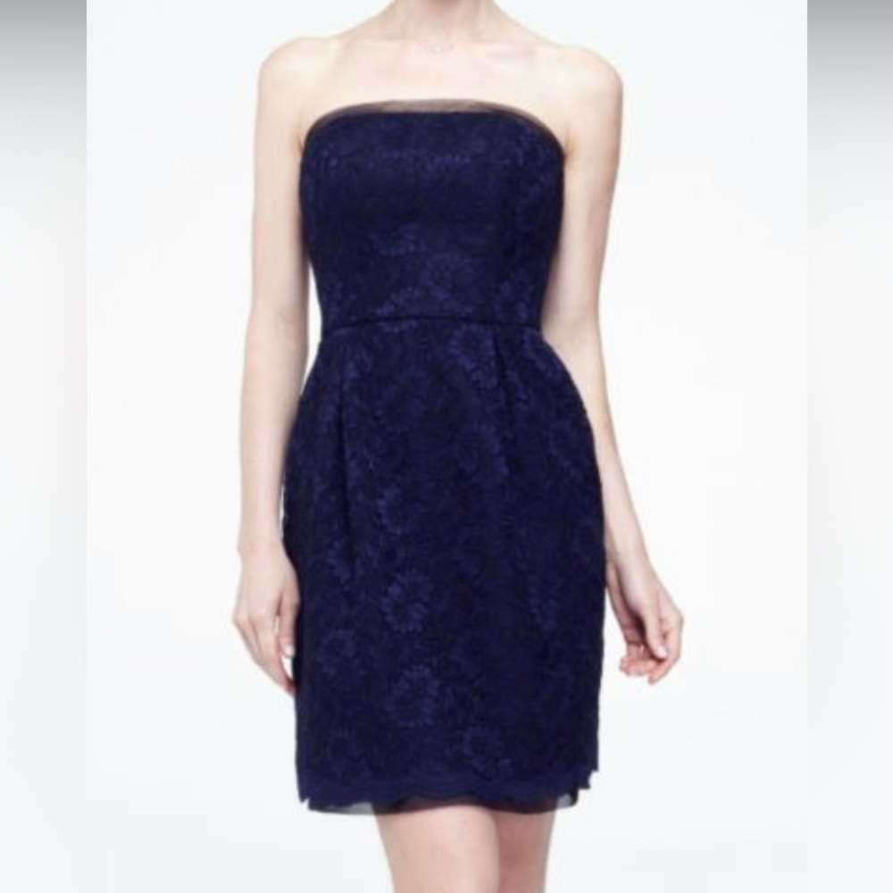David’s bridal navy marine short strapless contrast corded lace dress size 16
